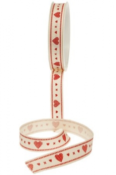Stoffband Country Herz creme/rot 15mm, 3m